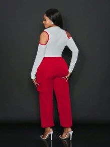 Slaydiva 2pcs/Set Women Casual Color Block Trim Off Shoulder Crop Top And Pants