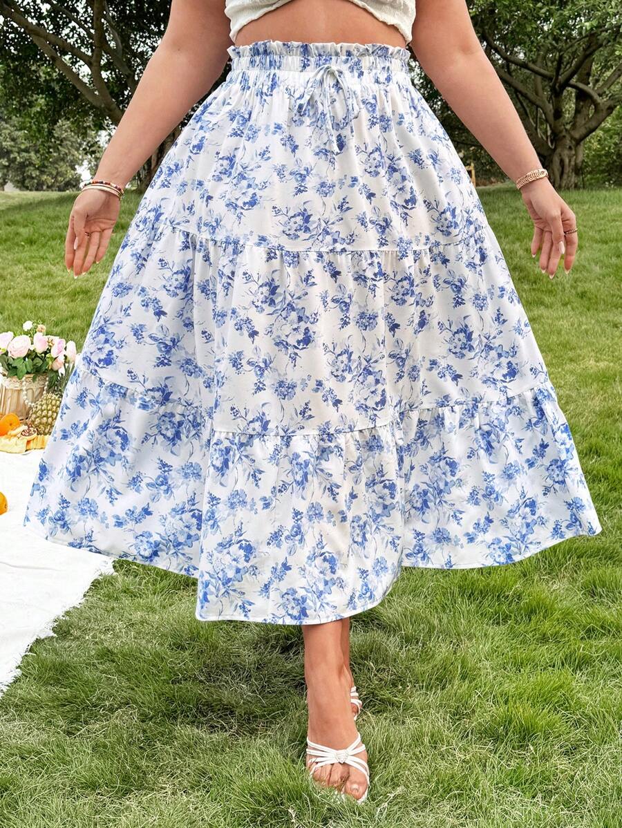 SHEIN MOOSTA Plus Size Layered Patchwork A-Line Long Skirt, Casual Elegant Holiday Style, Blue & White - Blue and White - View 1