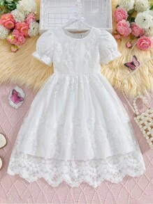 Glamorique Kids 1 pieza Vestido blanco de princesa elegante con manga abombada y ribete de encaje para niñas, de verano - Blanco - Ver 4