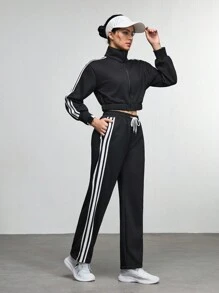 Women's Solid Color Splicing Long Sleeve Casual Top And Pants Set - Black - View 5