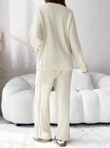 SHEIN 2pcs/Set Crew Neck Drop Shoulder Loose Pullover Sweater + Twist Cord Sweater Pants