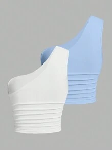 SHEIN EZwear Two-Piece Set Contrast Knit One-Shoulder Top For Women - Blue and White - View 2