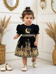 SHEIN Baby Girl's Unique Retro Print Pattern Cute Puff Sleeve Dress - Black - View 1