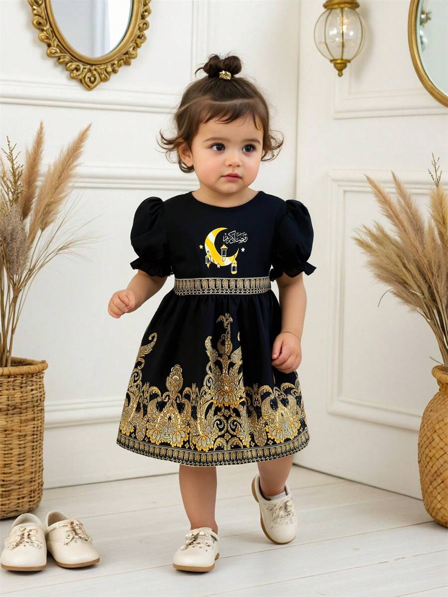 SHEIN Baby Girl's Unique Retro Print Pattern Cute Puff Sleeve Dress - Black - View 1