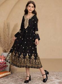 SHEIN Vestido de manga larga con escote en V y dobladillo con estampado floral de lámina de oro para niñas - Negro - Ver 4
