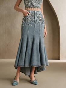 Anewsta 水钻装饰时尚奢华牛仔裙，女士春夏，节日/音乐会 - 淺色水洗藍 - 查看 5