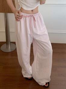 CovetEZ Pink Stripe Woven Loose Wide Leg Casual Pants For Women - Pink - View 1