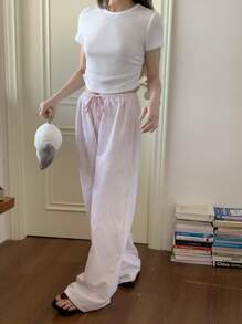 CovetEZ Pink Stripe Woven Loose Wide Leg Casual Pants For Women - Pink - View 2