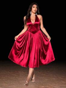 Viva Relle Plus Size Women Deep V-Neck Tie Front Sleeveless Solid Color Sexy Dress,Valentine - Burgundy - View 4