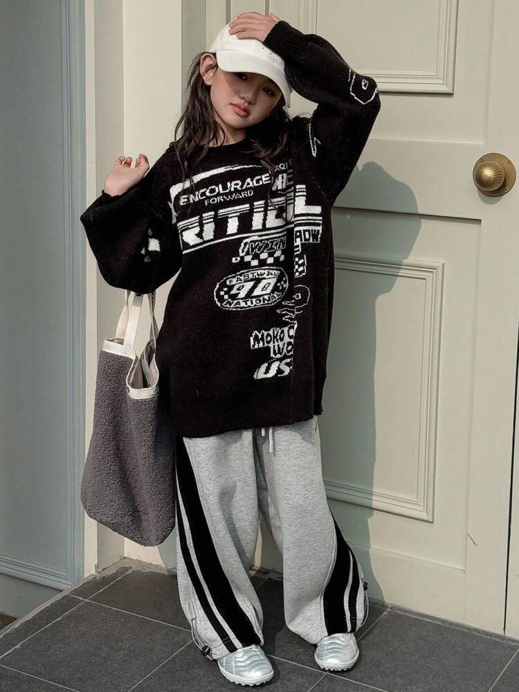 Suéter casual con cuello redondo y estampado all-over de manga larga para niña preadolescente en otoño/invierno, ropa de vuelta al colegio para niña preadolescente en primavera