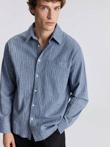 Ontre 男式前扣长袖口袋条纹休闲衬衫 - 藍色 - 查看 1