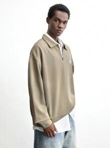 Maija 男士字母刺绣落肩长袖休闲 Polo 衫 - 卡其色 - 查看 3