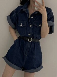 DAZY 女士休闲前扣短袖口袋牛仔连体裤