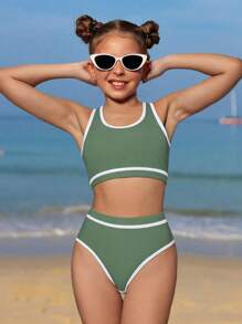 SHEIN Tween Girl Colorblock Trim Swimwear Set For Beach/Vacation Summer Holiday