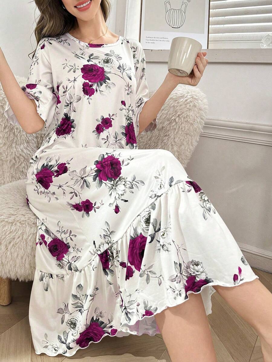 Ruffle Trim Floral Print Long Nightgown Babydoll With Short Sleeves PerfectSummer - Multicolor - View 1