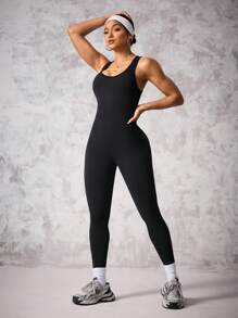 Easithlete Women's Solid Color Hollow Out Minimalist Slim Fit Casual Sports Jumpsuit - Black - View 2
