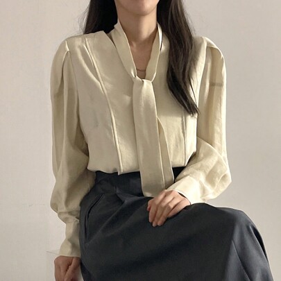 여성 솔리드 컬러 긴팔 미니멀리스트 통근 탑, 캐주얼 데일리 웨어