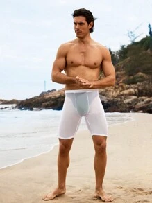 Manfinity Swimmode Men's Solid Color Simple Sheer Slim Fit Swim Trunks, Casual Beach Wear Men Swim Trunks