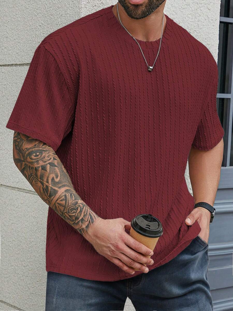 Manfinity Homme Camiseta de manga corta de cuello redondo y color liso para hombres de talla grande, sencilla y casual para el uso diario - Burdeos - Ver 1