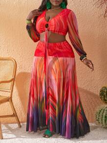 Slaydiva Conjunto de 2 piezas de talla grande para mujer con falda midi de dobladillo con volantes y cuello en V Drapeado, adecuado para vacaciones