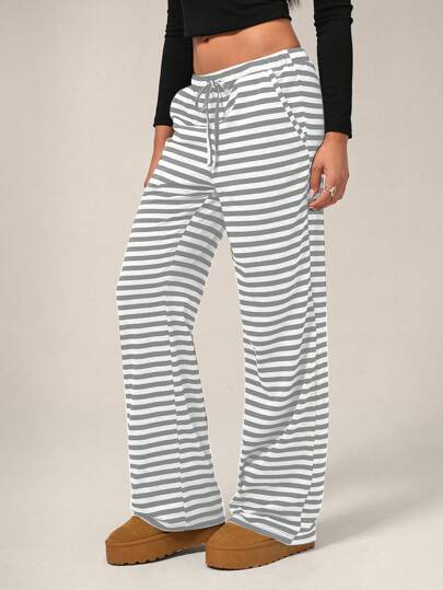 Forever 21 Autumn/Winter Elastic Waist Drawstring Loose Casual Relaxed Home Maxi Striped Knit Pants