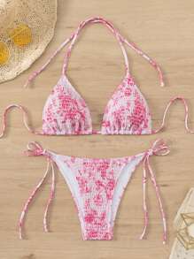 Swim Mod Floral Print Halter Neck Bikini Swimwear Set For Summer Vacation Beach - Hot Pink - View 1