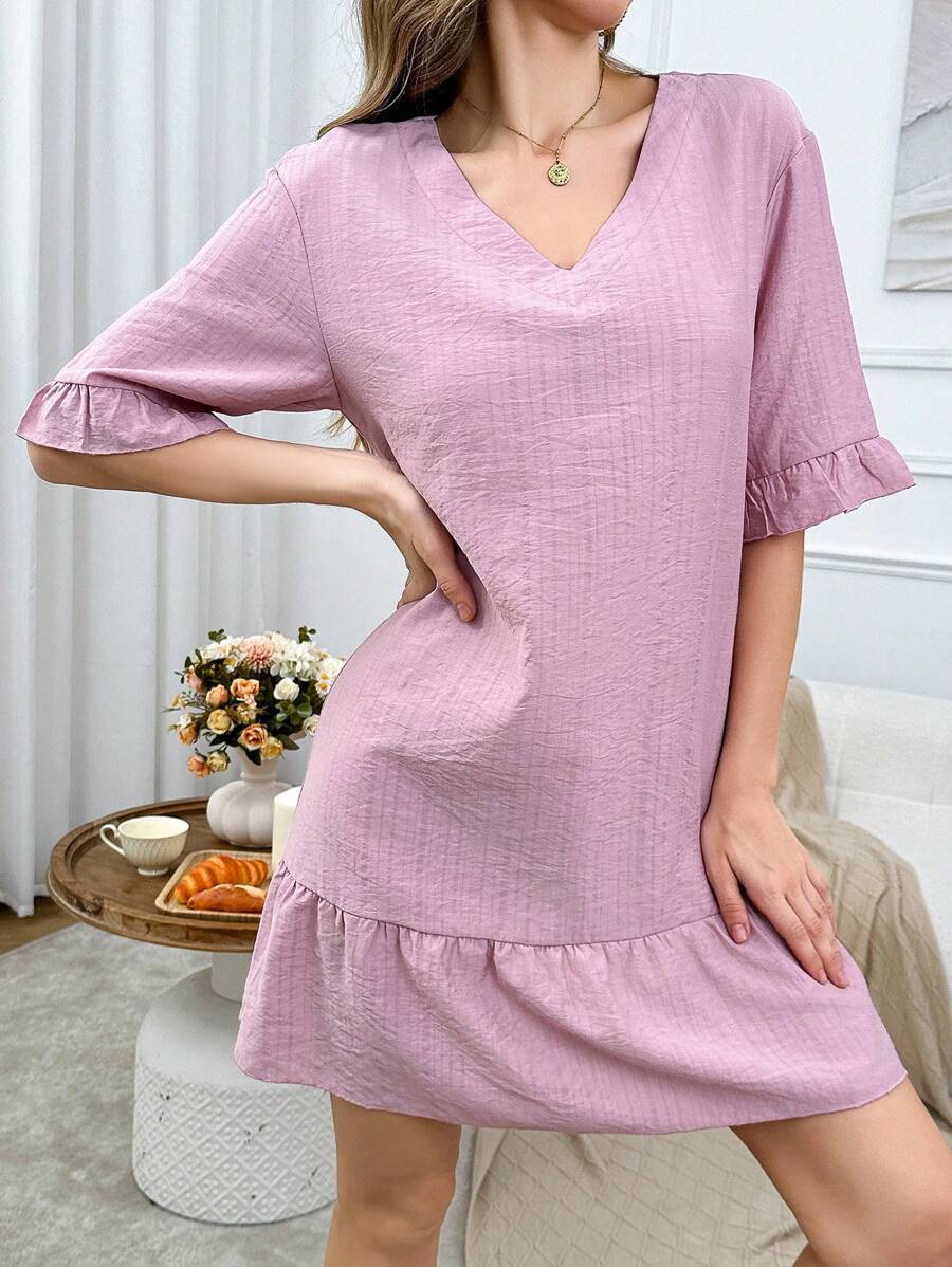 女士深 V 领休闲家居服连衣裙 - 藕粉色 - 查看 1