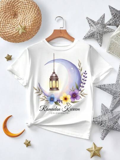 Seusyu Women Casual Crewneck Short Sleeve T-Shirt With Dreamy Purple Crescent Moon & Floral Arabic Slogan Print, Made Of Polyester Fabric,Suitable For Daily Wear, Dating, Casual, Party, Holiday Occasions