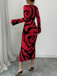 Elenzga Women Sweater Dress With Bell Sleeve & Pattern Fall Cloth For Women - Red - View 2