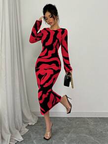 Elenzga Women Sweater Dress With Bell Sleeve & Pattern Fall Cloth For Women - Red - View 5