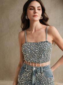 Anewsta Rhinestone Embellished Denim Crop Top For Women, Fashionable & Luxurious - Light Wash - View 1