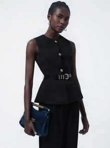 Aveloria Modichic 女式不对称金属扣设计腰部收腰无袖圆领衬衫，配人造皮革金属扣 - 黑色 - 查看 6