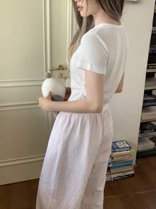 CovetEZ Pink Stripe Woven Loose Wide Leg Casual Pants For Women - Pink - View 4