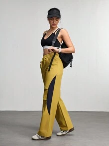 Women's Solid Color Patch Front Tie Up Pocket Simple Casual Sports Pants - Yellow - View 3