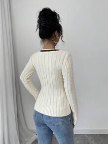 Chiquease Jersey de cuello en V de manga larga con trenzado para mujer, estilo universitario suave y acogedor, tejido, estilizador y versátil, otoño/invierno