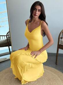 Aloruh 春夏浪漫紧身荷叶边细肩带长连衣裙（女款） - 黃色 - 查看 6