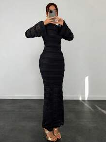 Aloruh Autumn/Winter New Arrival Women Elegant Lace Backless Strap Dress - Black - View 5