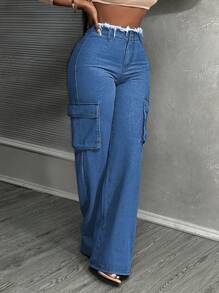 SHEIN Slayr 女式前扣口袋磨边下摆中腰直筒牛仔裤 - 淺色水洗藍 - 查看 3