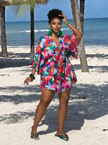 Slaydiva 大码女式假日休闲 V 领宽松印花连体裤（配系带腰带） - 彩色 - 查看 6