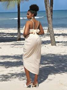 Slaydiva Plus Size Shell Decor Asymmetric Hem Skirt 2 Pieces Set, Linen Feel - White - View 2