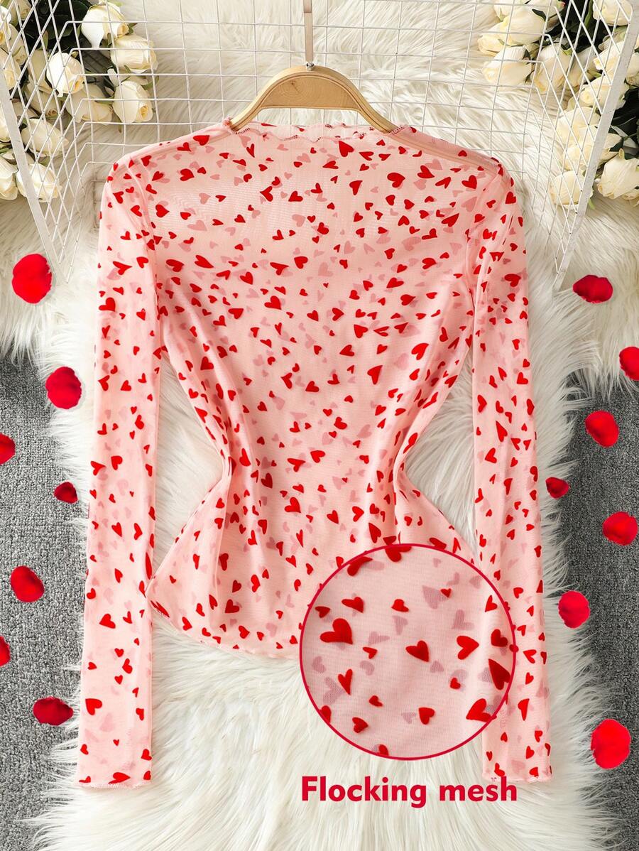SHEIN Clasi 透明心形植绒网眼女士长袖衬衫，情人节 - 粉色 - 查看 1