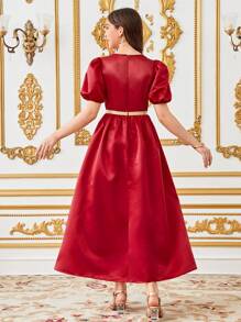 SHEIN 少女优雅复古花卉刺绣泡泡袖长裙 - 酒紅色 - 查看 2