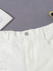 SHEIN Tween Girls' Loose Casual Minimalist Distressed Raw Hem Denim Shorts,Holiday,Summer,Travel, School, Campus, College - White - View 3