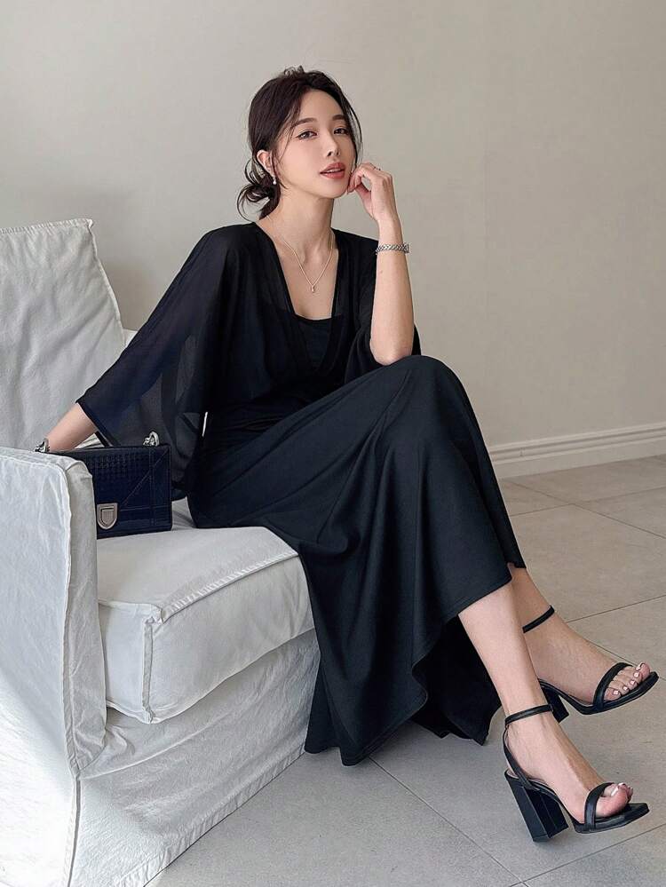 Women's Mid-Calf Mesh Splice 2 In 1 Dress Sundress Maxi Dress