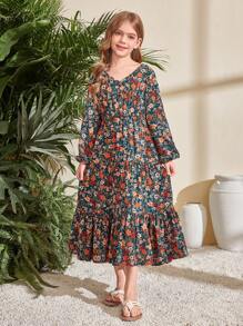 SHEIN Serisse Kids 大女孩花卉V領長袖收腰優雅洋裝，中長版綠色，休閒度假風，母女套裝，大女孩 - 綠色 - 查看 4