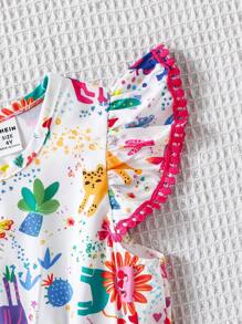 Váy họa tiết động vật và hoa Dopamine Color dành cho bé gái có chi tiết tay bèo nhún tương phản màu, phù hợp cho kỳ nghỉ hè - Nhiều màu - Xem 3