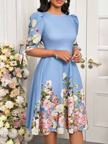 SHEIN Lady 蓝色印花修身女士连衣裙 女装 A 字型优雅女士连衣裙 - 白色 - 查看 5