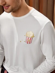 Notgurli 1 Set Men's Popcorn Print Long Sleeve Lounge Top And Pants Pajama Sets - Black and White - View 4