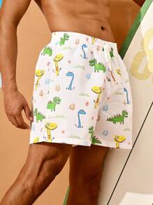 Surfspeed Men's Cartoon Dinosaur Print Drawstring Waist Casual Beach Shorts