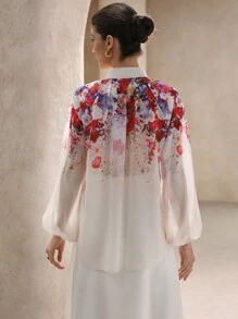 Aveloria Rosie 优雅浪漫中式立领雪纺纽扣印花长袖衬衫，适合情人节